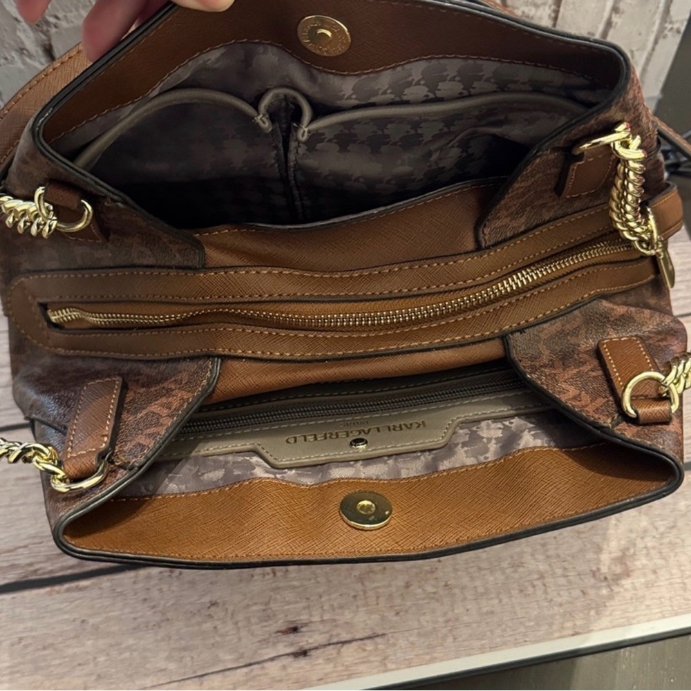 Karl Lagerfeld Paris Vegan Brown Monogram Triple Entry Tote Handbag - Picture 6 of 12